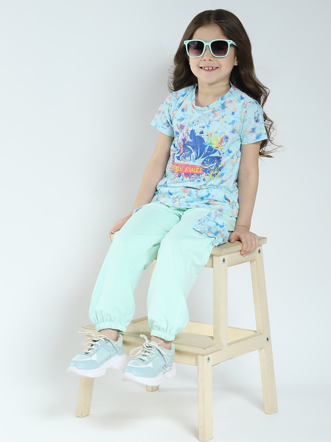 Girls Sea Green Printed Round Neck Half Sleeve Lower Set