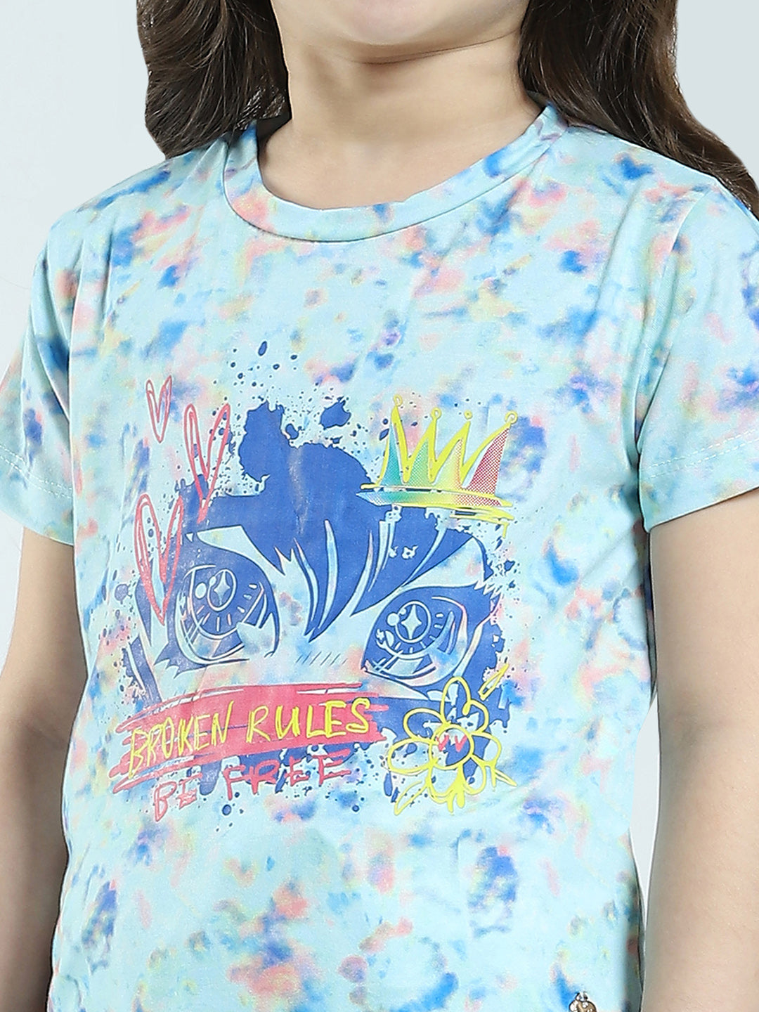 Girls Sea Green Printed Round Neck Half Sleeve Lower Set