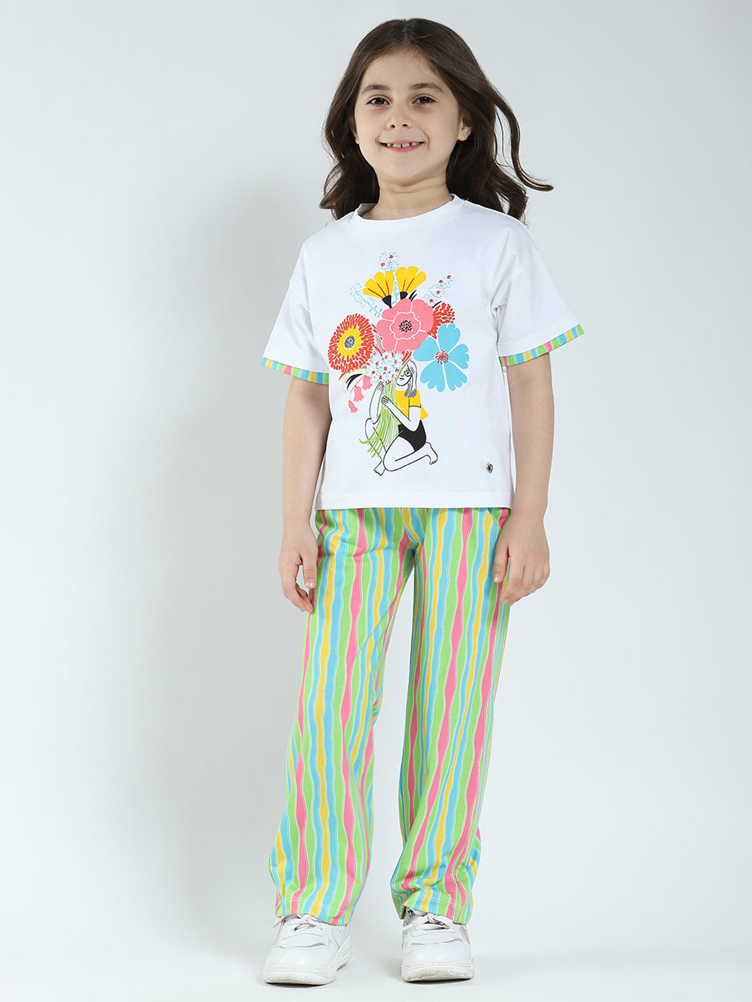 Girls White Printed Round Neck Half Sleeve Lower Set