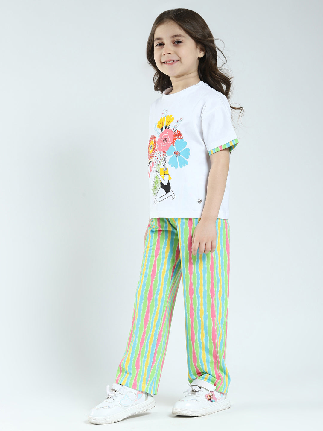 Girls White Printed Round Neck Half Sleeve Lower Set