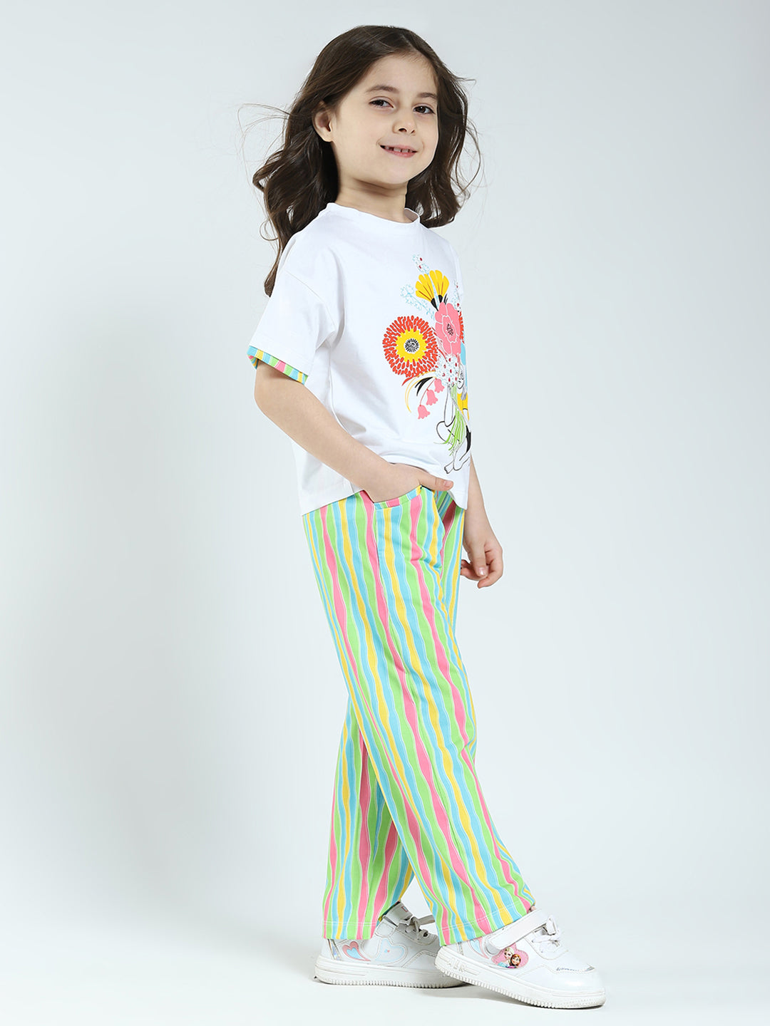 Girls White Printed Round Neck Half Sleeve Lower Set