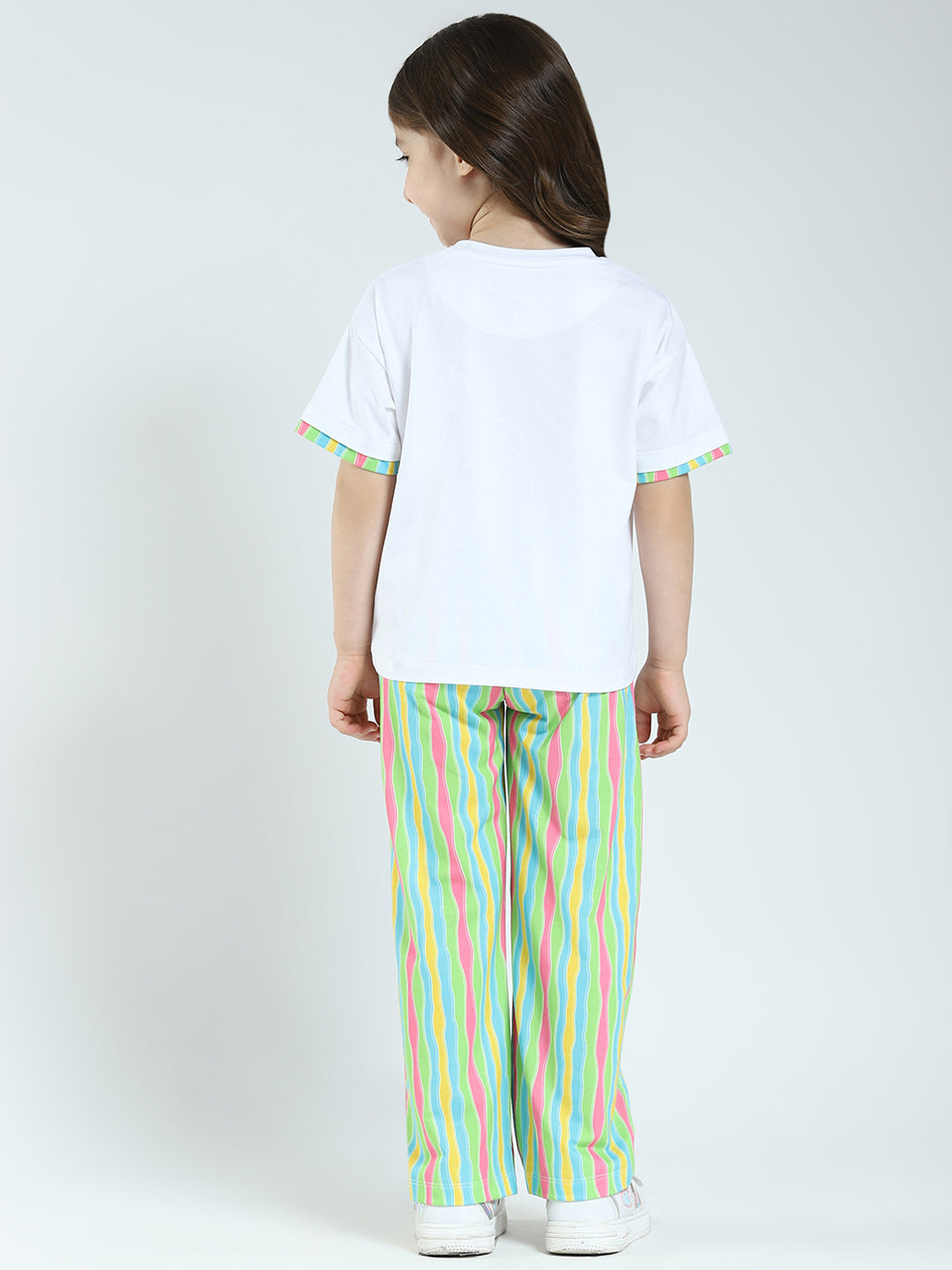 Girls White Printed Round Neck Half Sleeve Lower Set