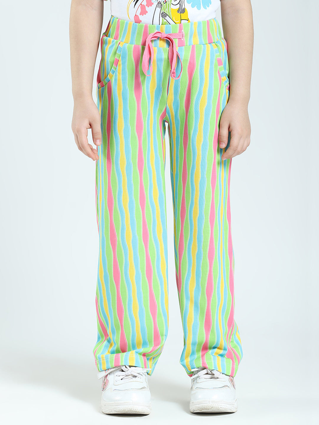 Girls White Printed Round Neck Half Sleeve Lower Set