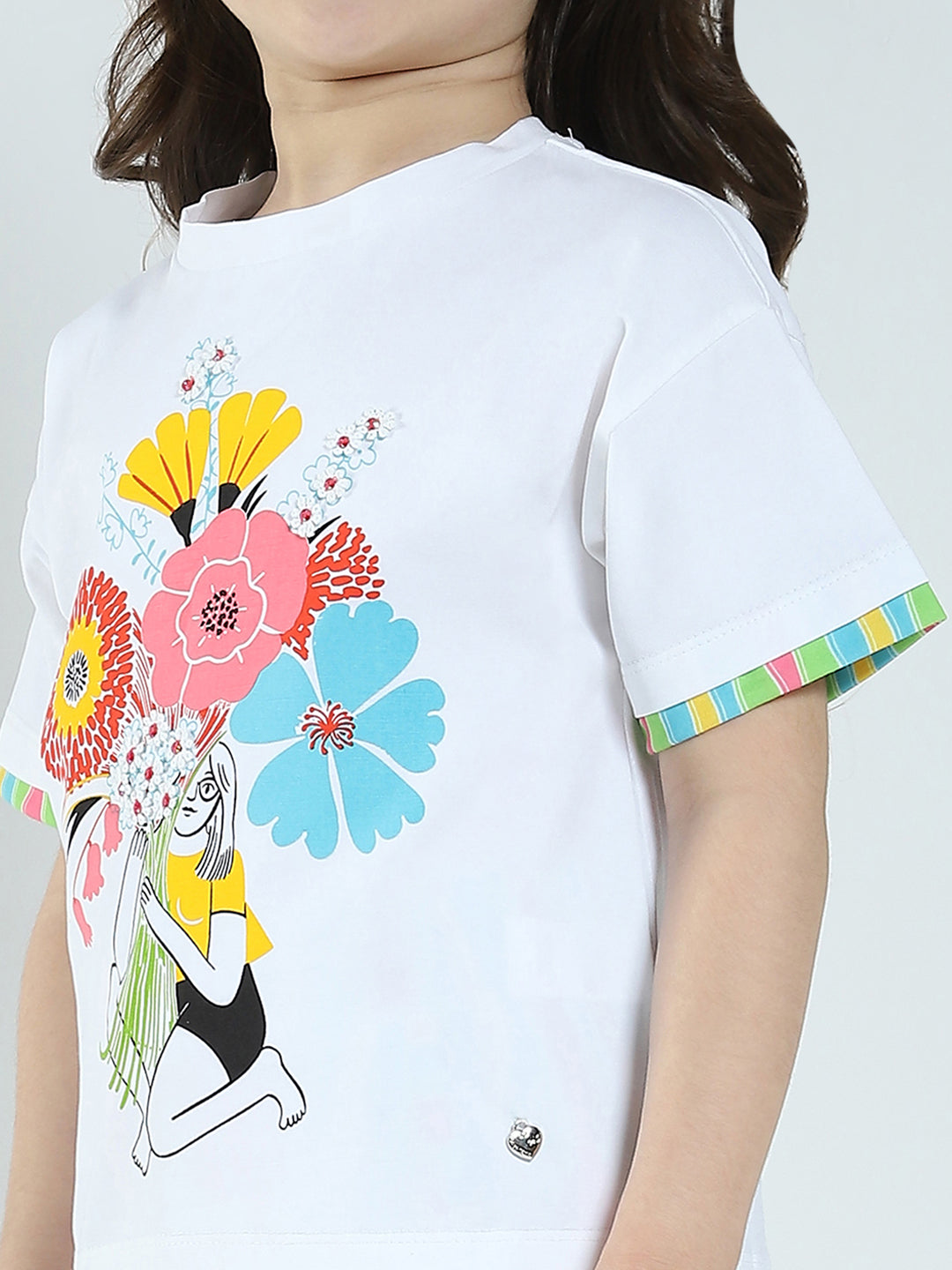 Girls White Printed Round Neck Half Sleeve Lower Set