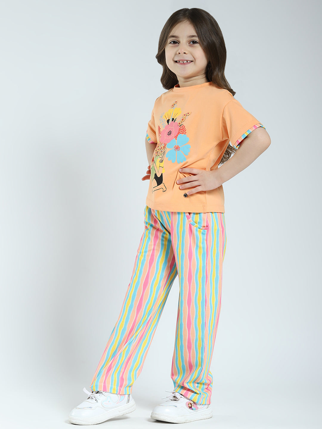 Girls Orange Printed Round Neck Half Sleeve Lower Set