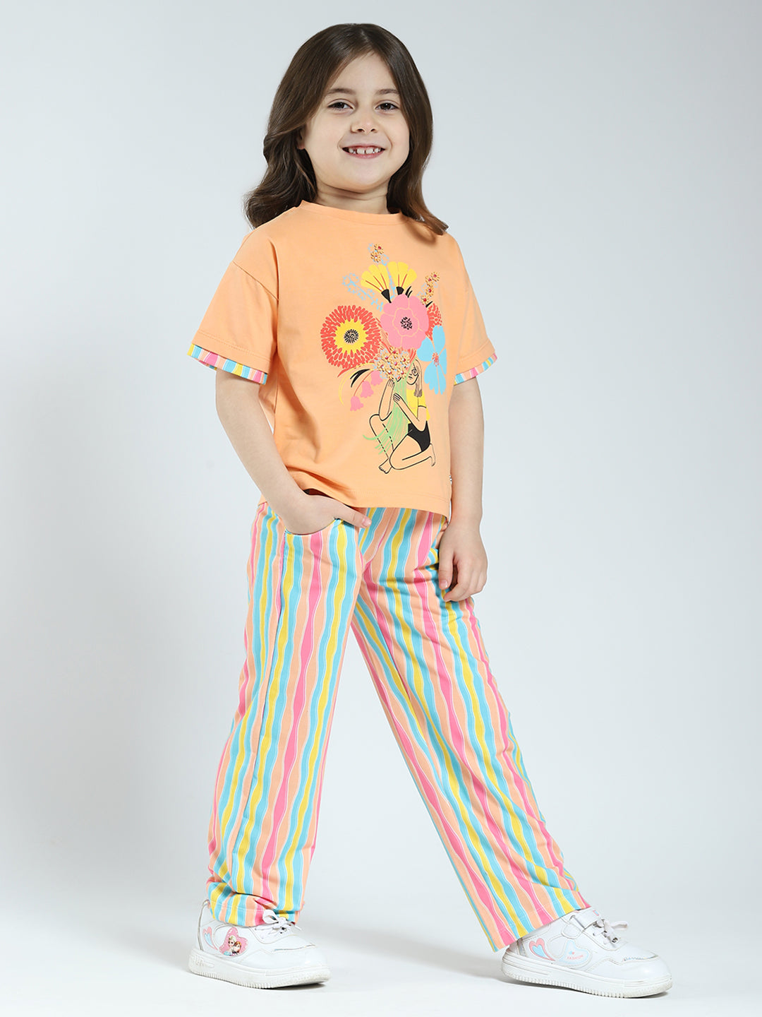 Girls Orange Printed Round Neck Half Sleeve Lower Set