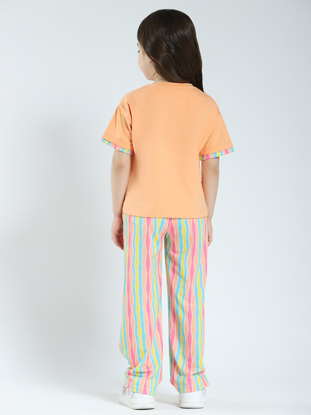 Girls Orange Printed Round Neck Half Sleeve Lower Set