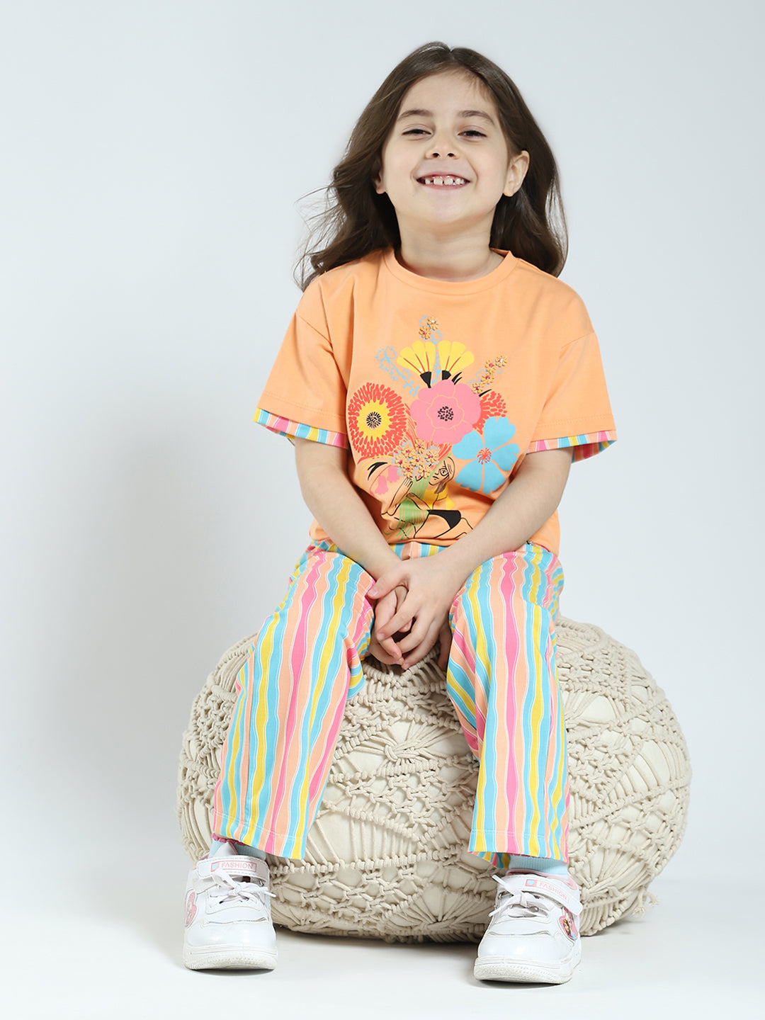 Girls Orange Printed Round Neck Half Sleeve Lower Set