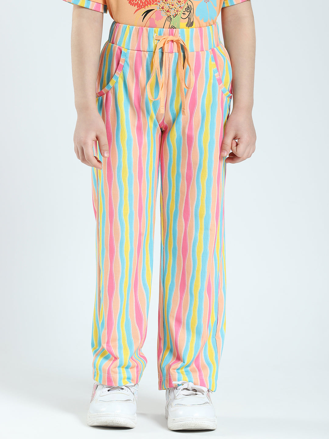 Girls Orange Printed Round Neck Half Sleeve Lower Set