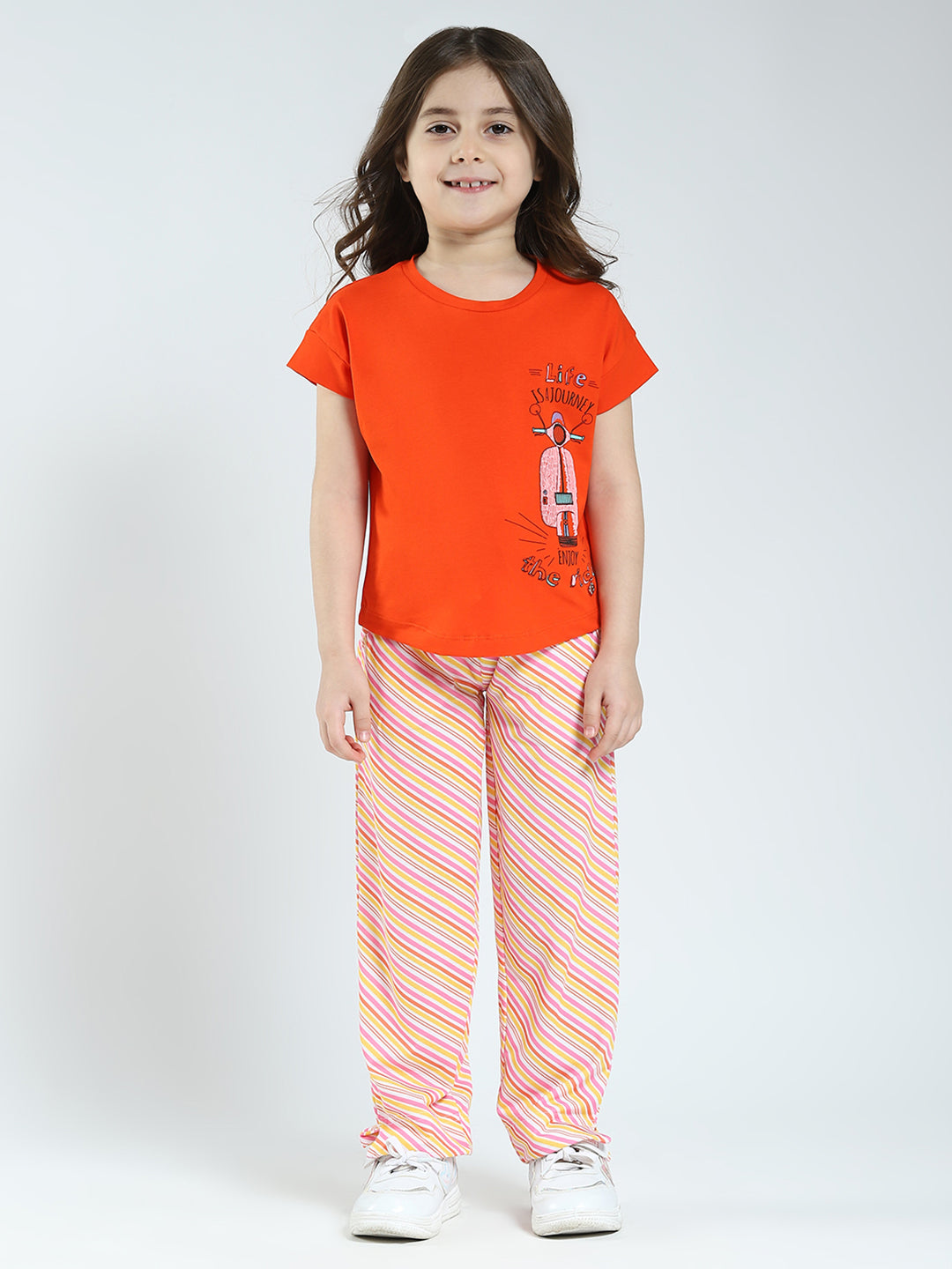 Girls Orange Printed Round Neck Half Sleeve Lower Set
