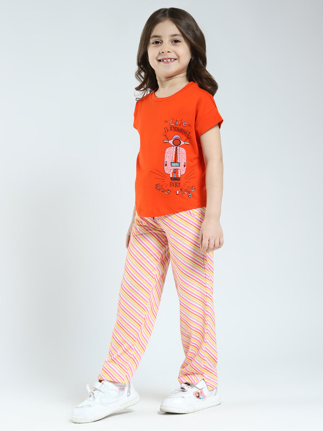 Girls Orange Printed Round Neck Half Sleeve Lower Set