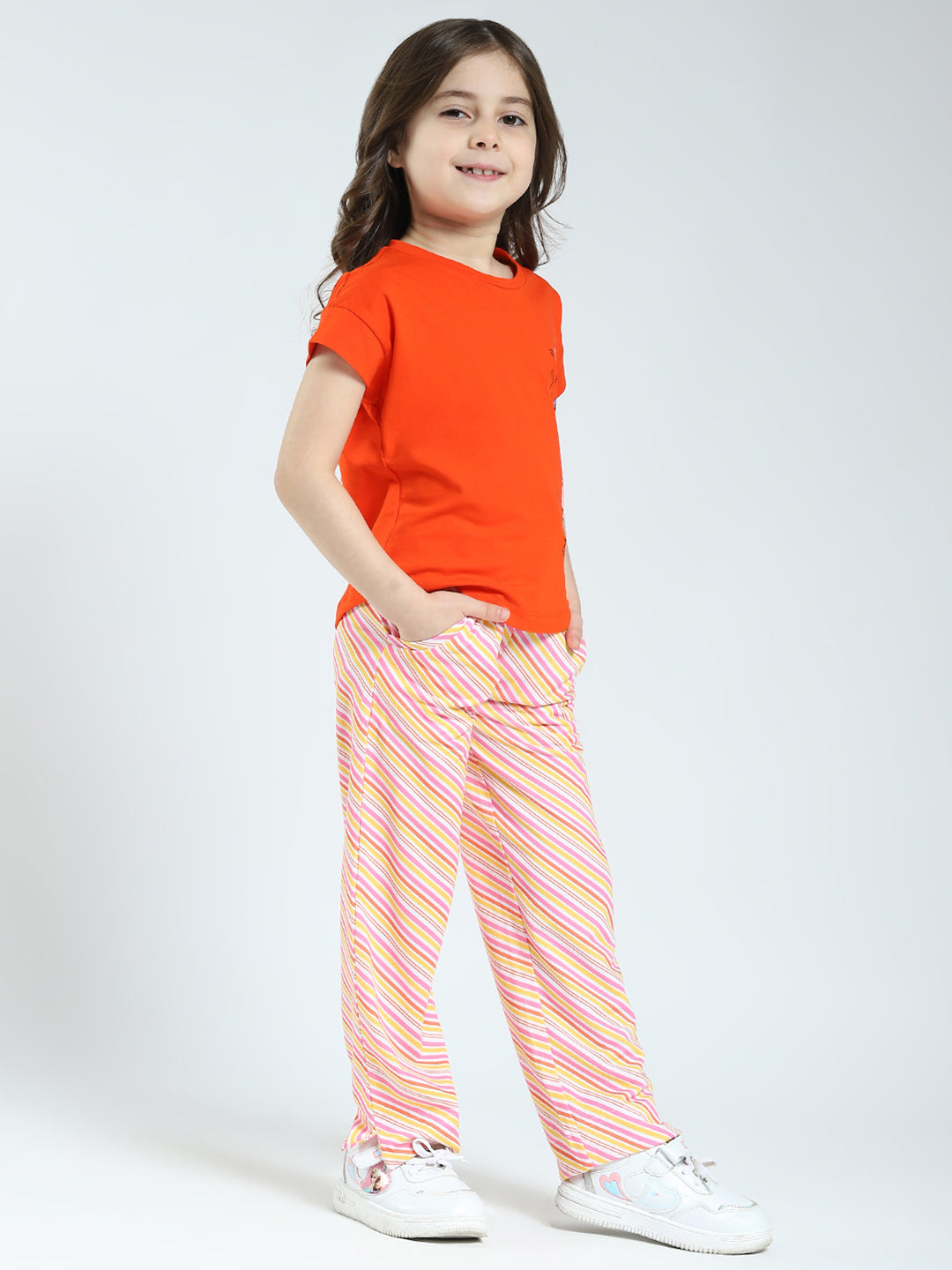 Girls Orange Printed Round Neck Half Sleeve Lower Set