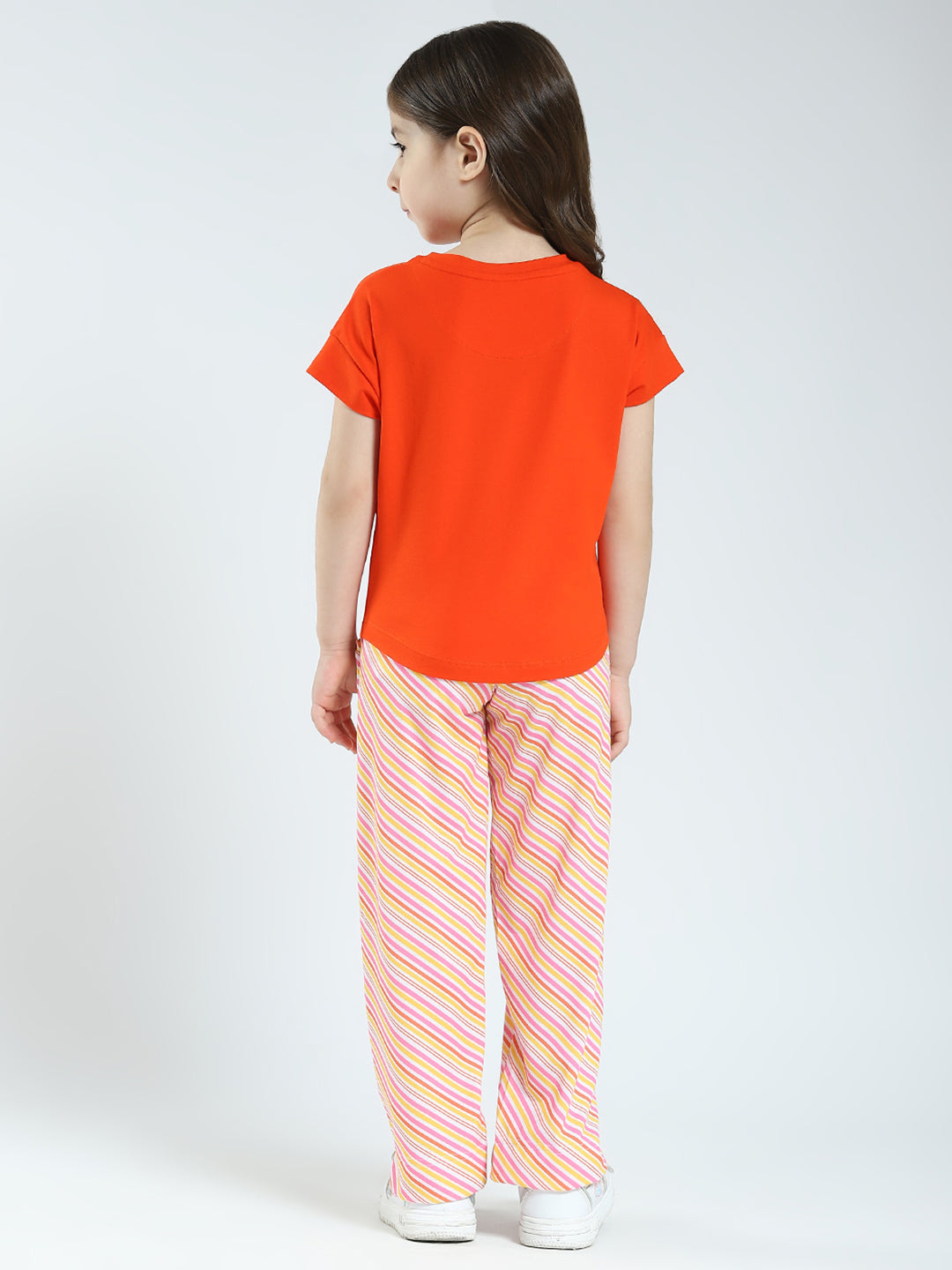 Girls Orange Printed Round Neck Half Sleeve Lower Set