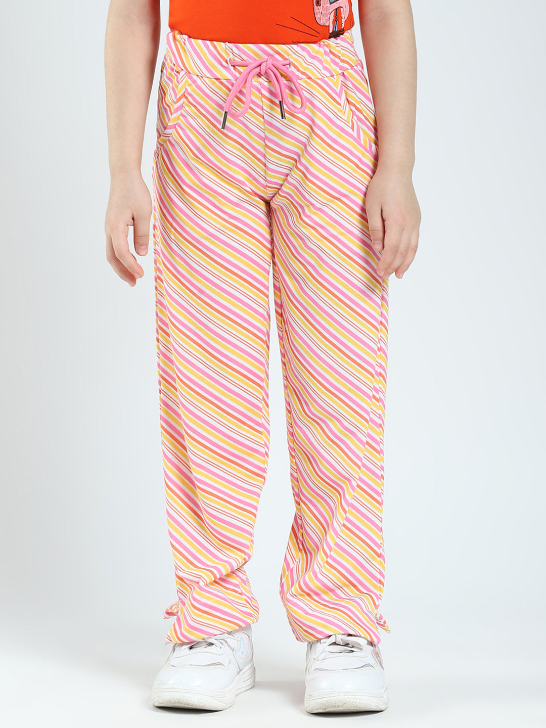 Girls Orange Printed Round Neck Half Sleeve Lower Set