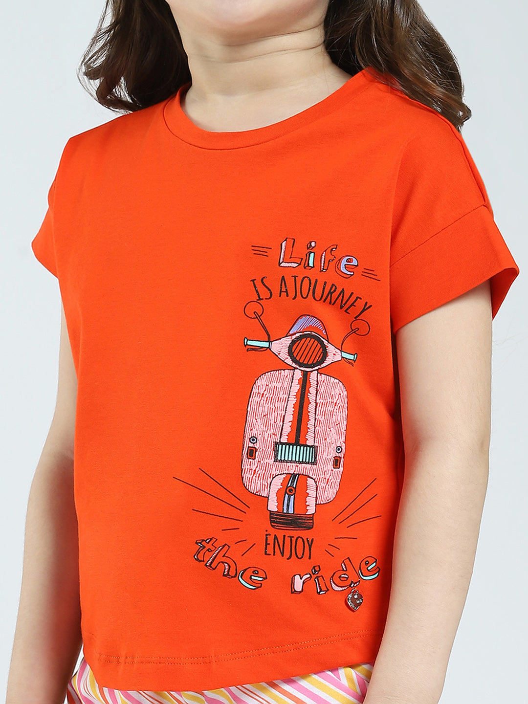 Girls Orange Printed Round Neck Half Sleeve Lower Set