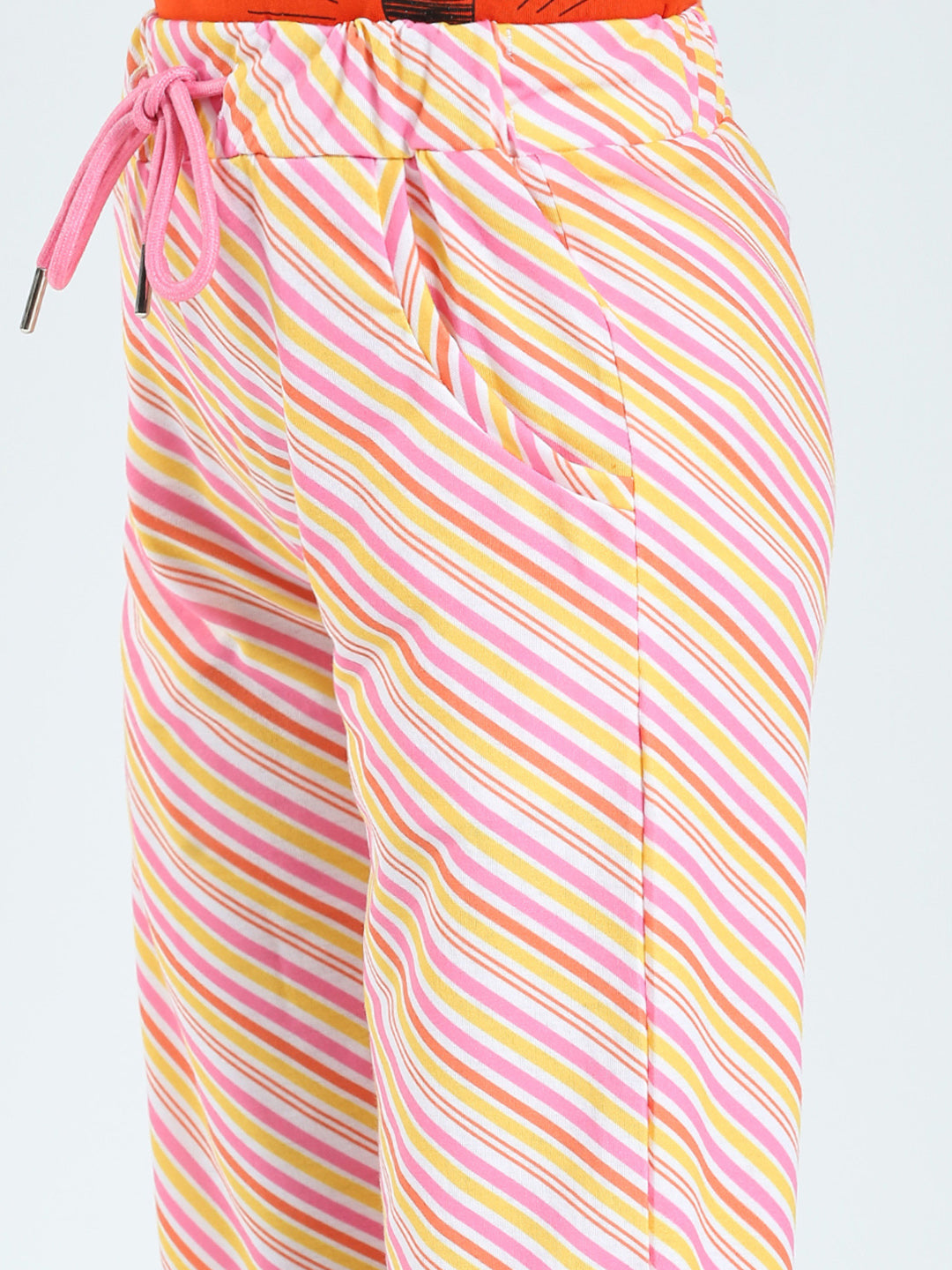 Girls Orange Printed Round Neck Half Sleeve Lower Set