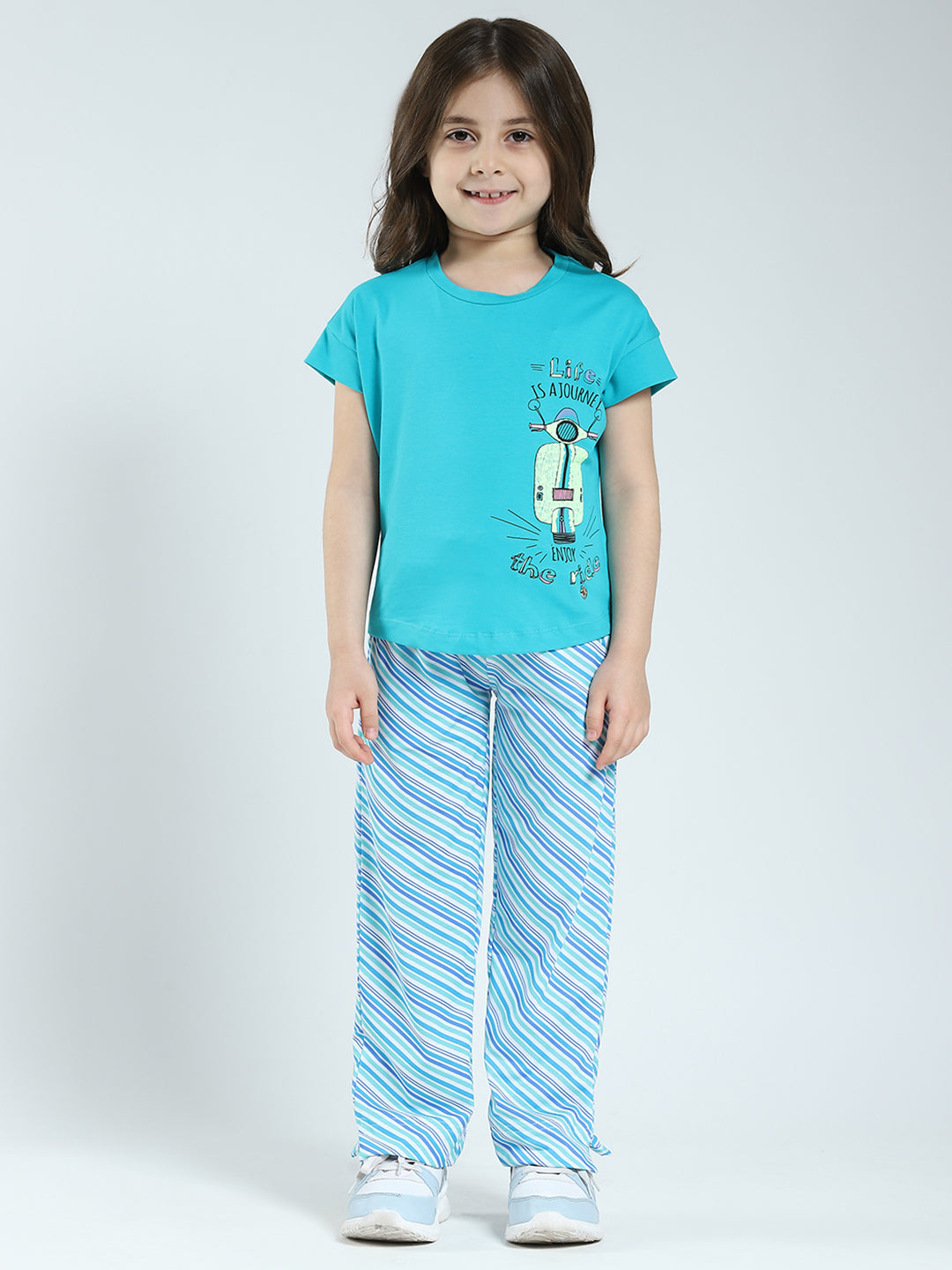 Girls Green Printed Round Neck Half Sleeve Lower Set