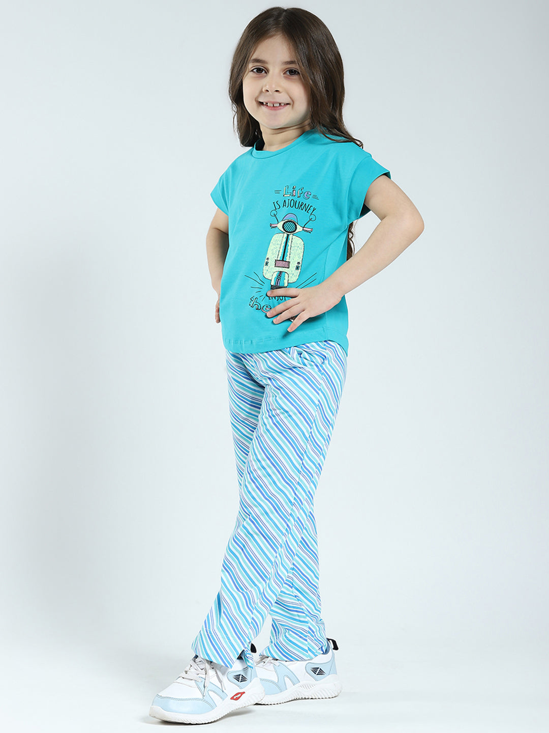 Girls Green Printed Round Neck Half Sleeve Lower Set