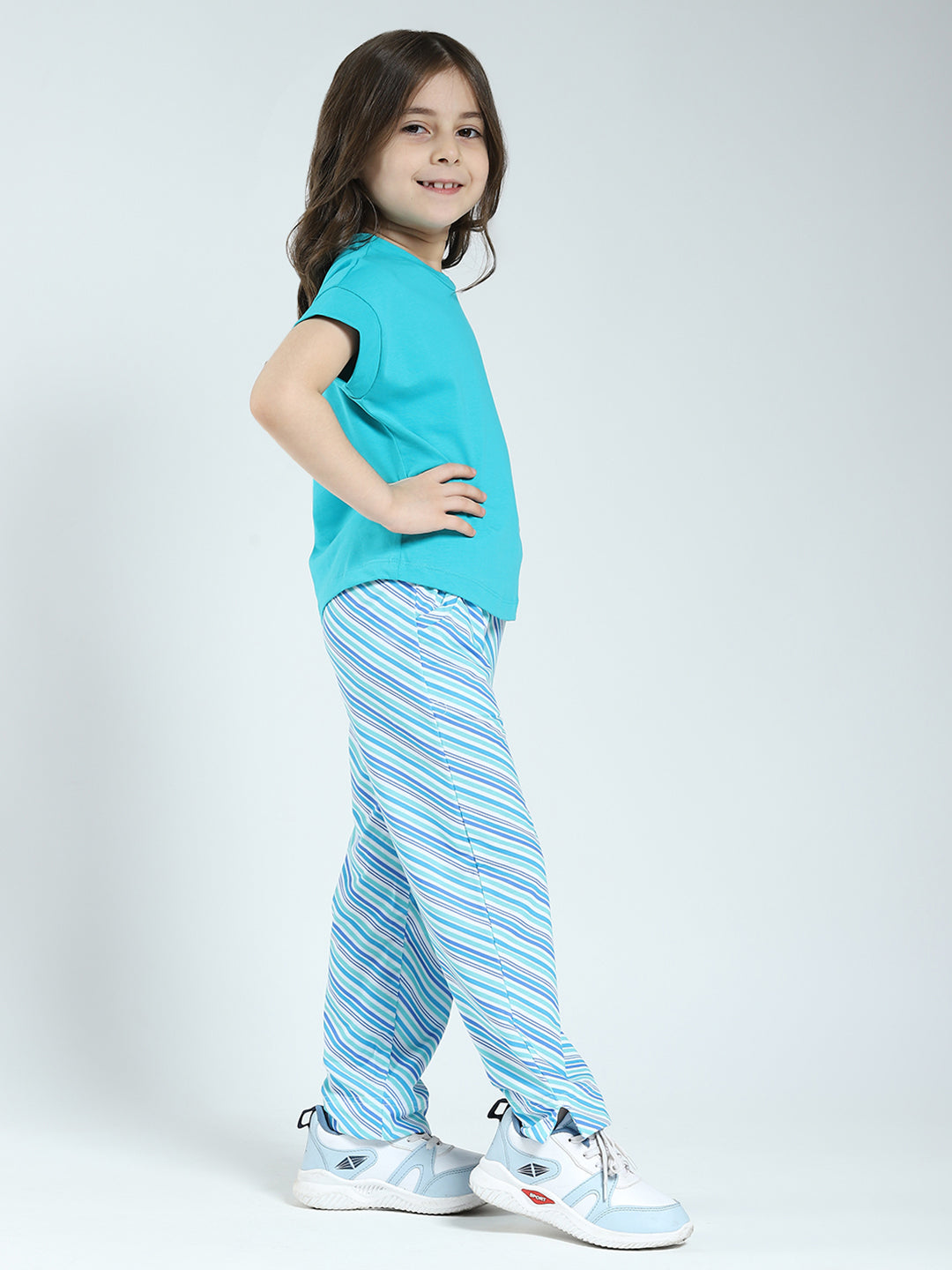 Girls Green Printed Round Neck Half Sleeve Lower Set