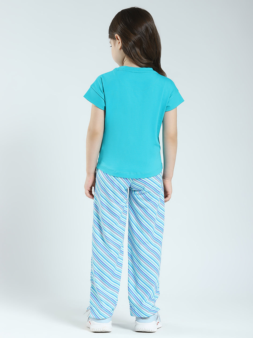 Girls Green Printed Round Neck Half Sleeve Lower Set