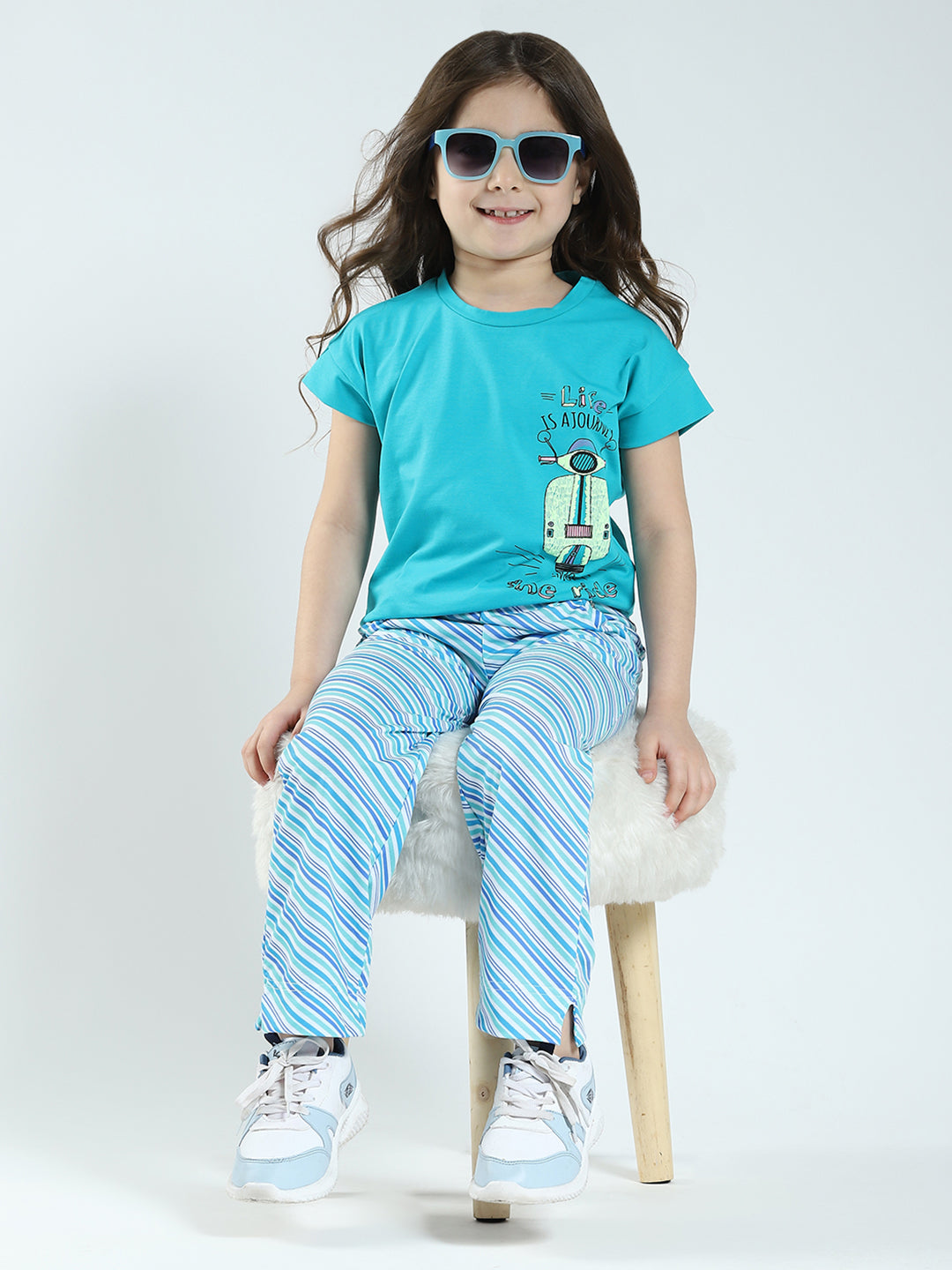 Girls Green Printed Round Neck Half Sleeve Lower Set