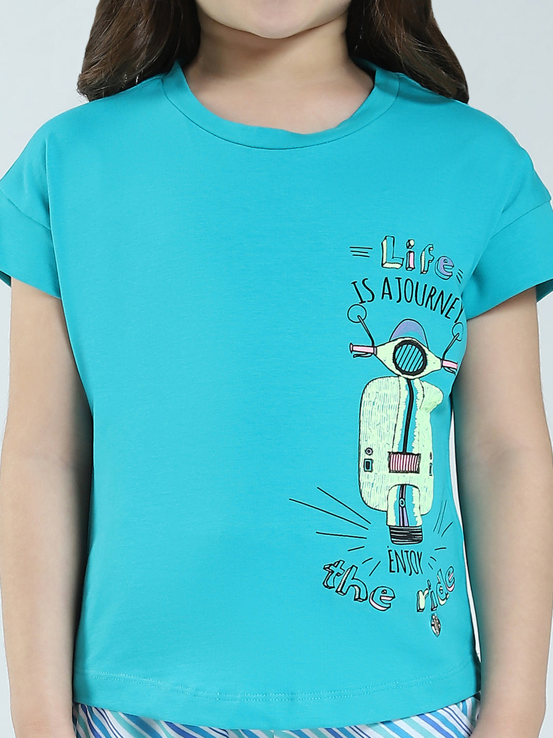 Girls Green Printed Round Neck Half Sleeve Lower Set