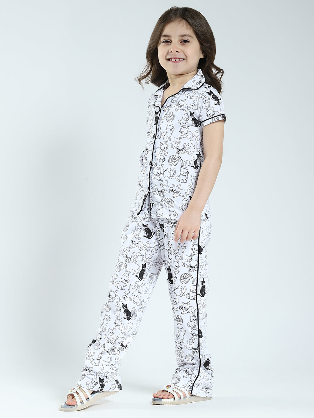 Girls White Printed Collar Half Sleeve Lower Set
