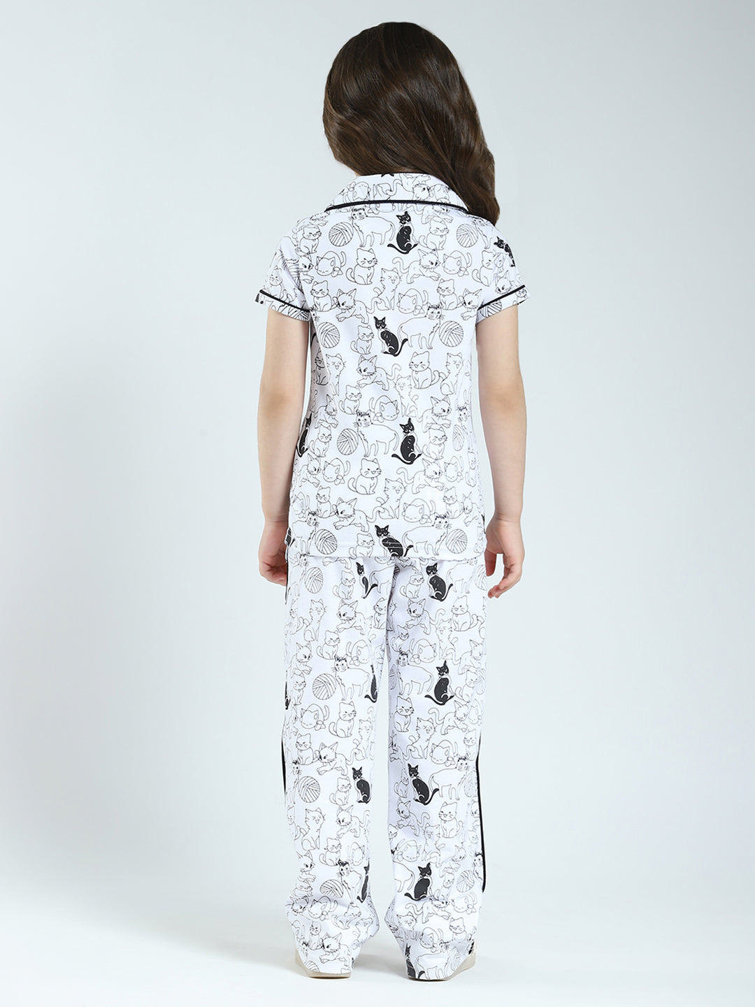 Girls White Printed Collar Half Sleeve Lower Set