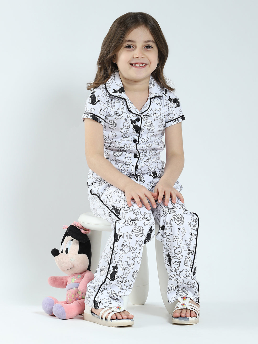 Girls White Printed Collar Half Sleeve Lower Set