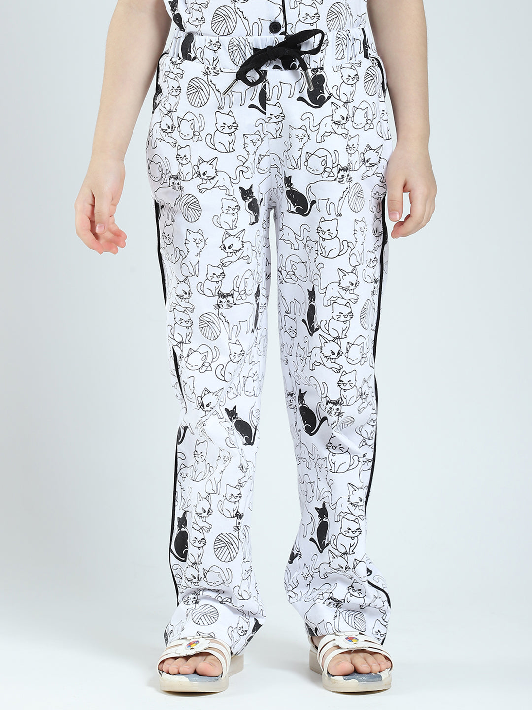 Girls White Printed Collar Half Sleeve Lower Set