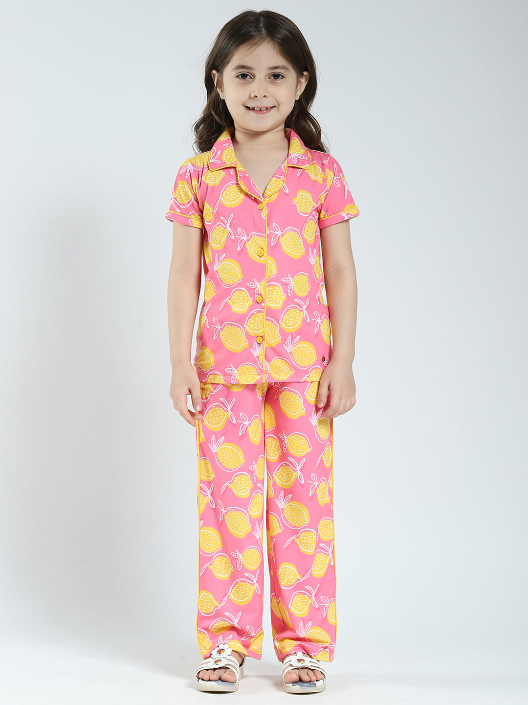 Girls Pink Printed Collar Half Sleeve Lower Set