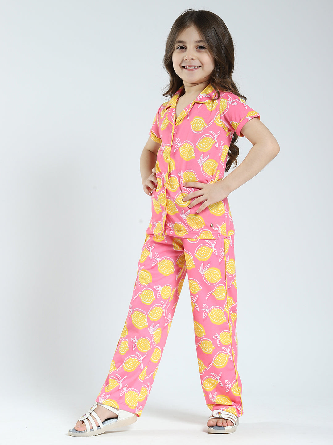 Girls Pink Printed Collar Half Sleeve Lower Set