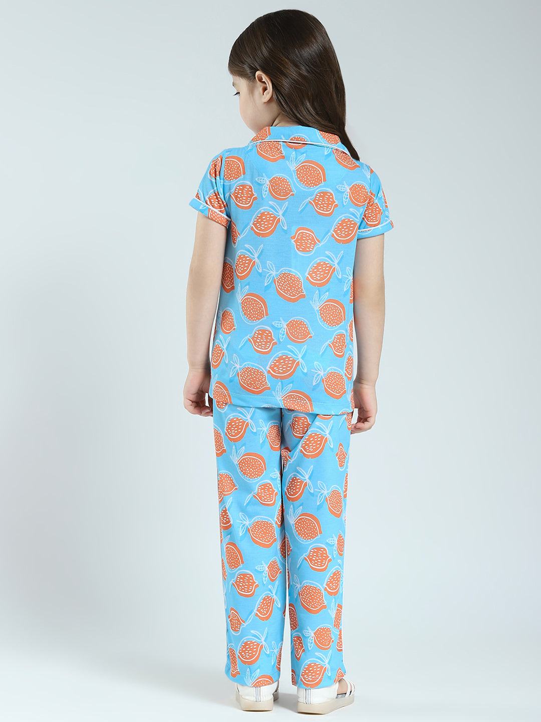 Girls Blue Printed Collar Half Sleeve Lower Set