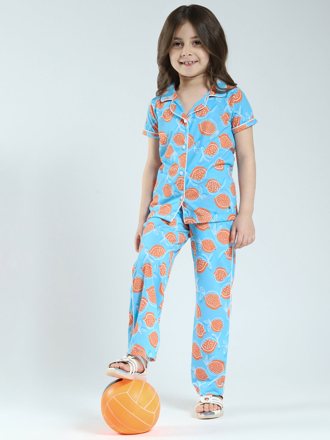 Girls Blue Printed Collar Half Sleeve Lower Set