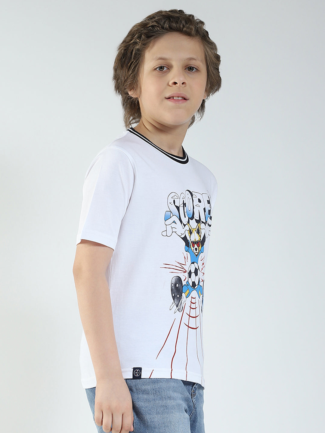 Boys White Printed Round Neck Half Sleeve T-Shirt