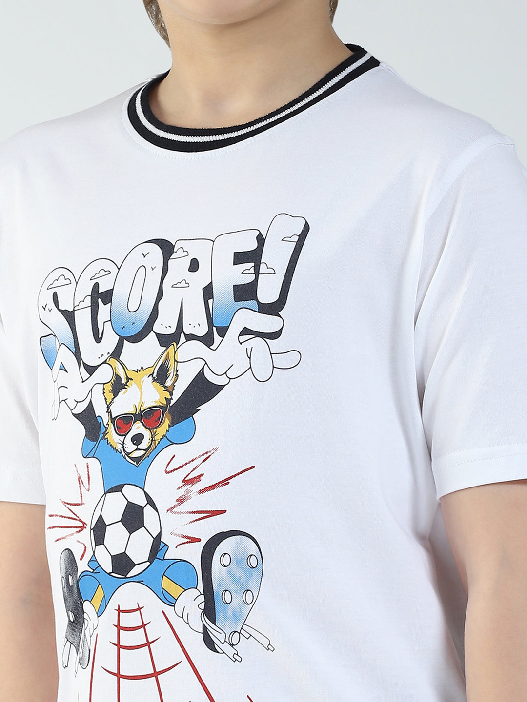 Boys White Printed Round Neck Half Sleeve T-Shirt