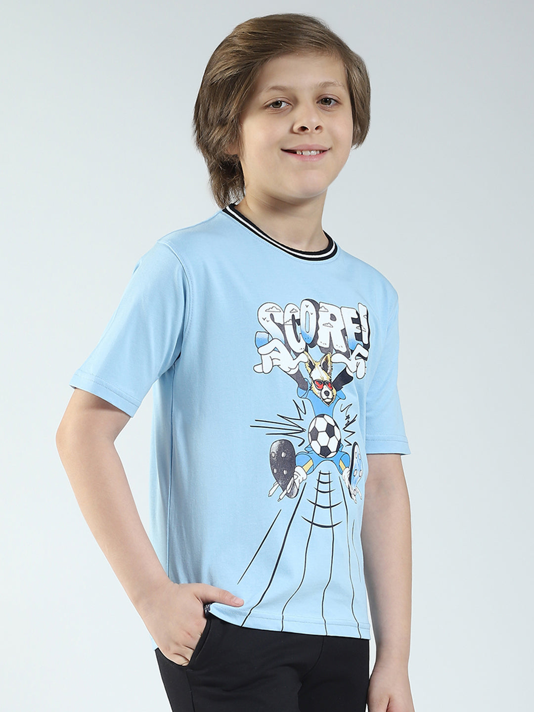 Boys Blue Printed Round Neck Half Sleeve T-Shirt
