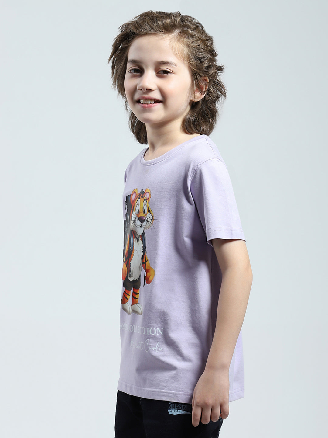 Boys Purple Printed Round Neck Half Sleeve T-Shirt