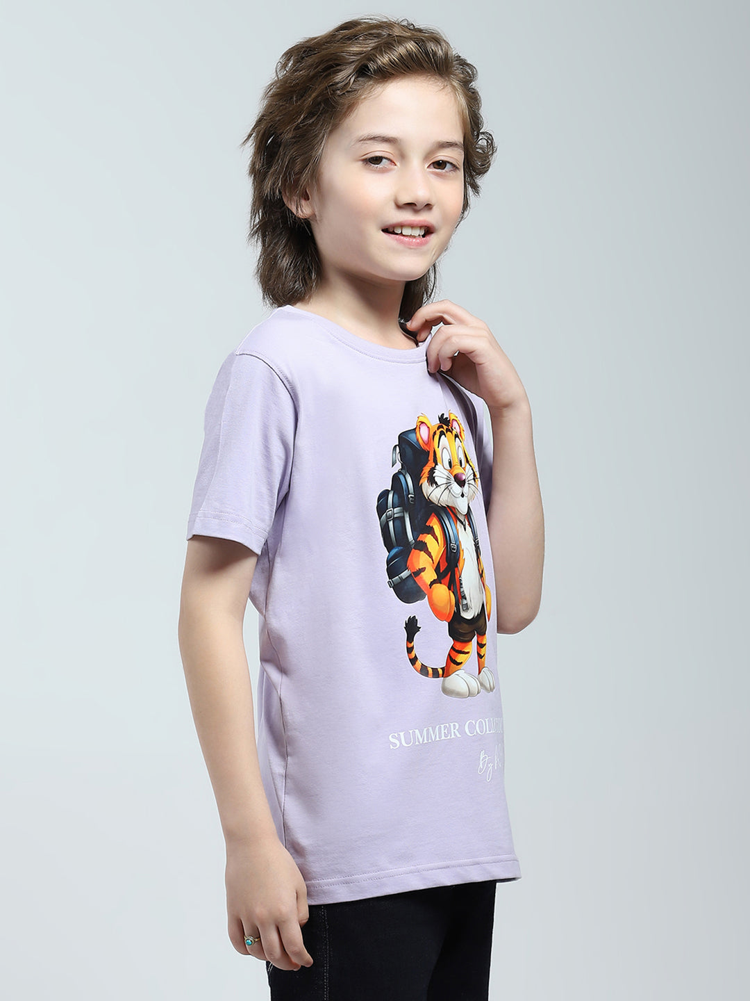 Boys Purple Printed Round Neck Half Sleeve T-Shirt