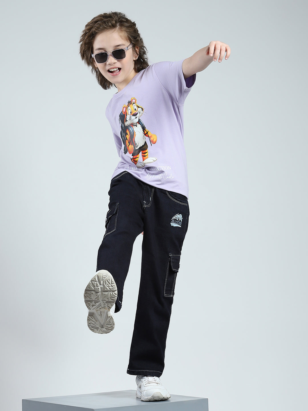 Boys Purple Printed Round Neck Half Sleeve T-Shirt