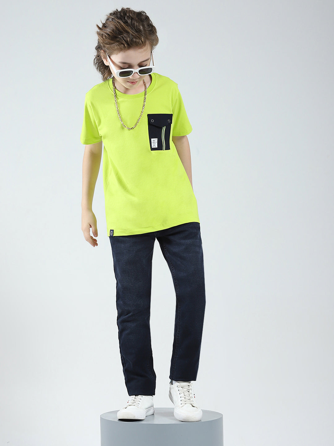 Boys Green Solid Round Neck Half Sleeve T-Shirt