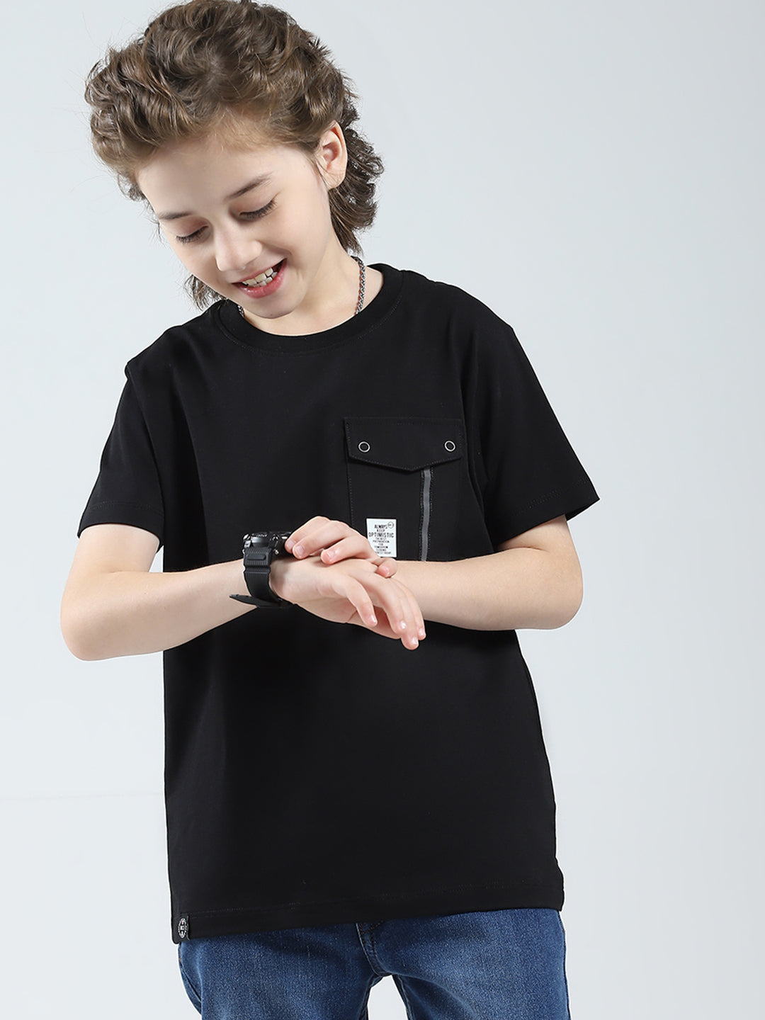 Boys Black Solid Round Neck Half Sleeve T-Shirt