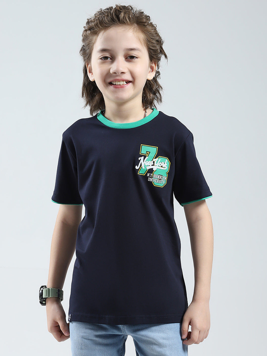 Boys Navy Blue Solid Round Neck Half Sleeve T-Shirt