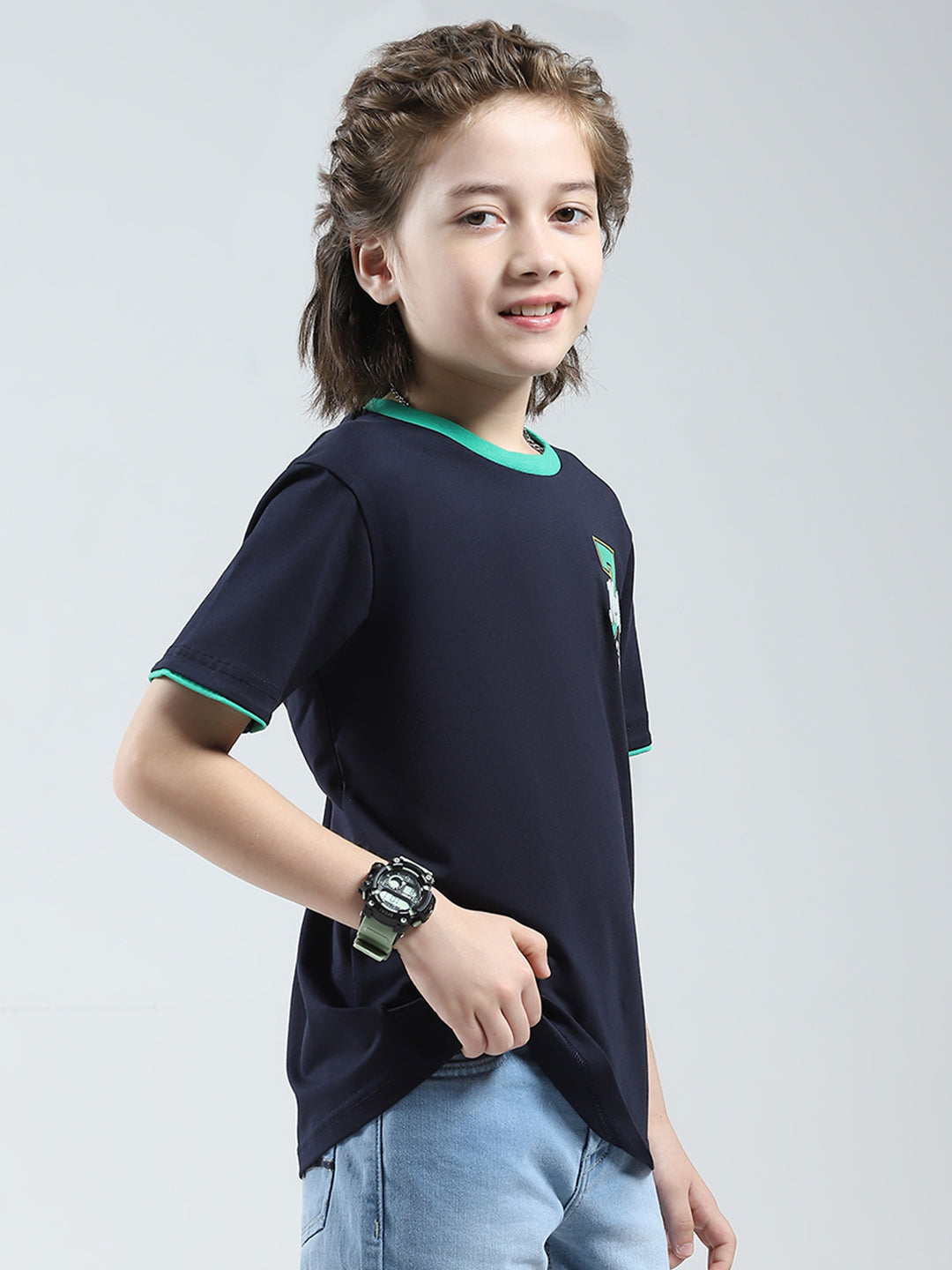 Boys Navy Blue Solid Round Neck Half Sleeve T-Shirt