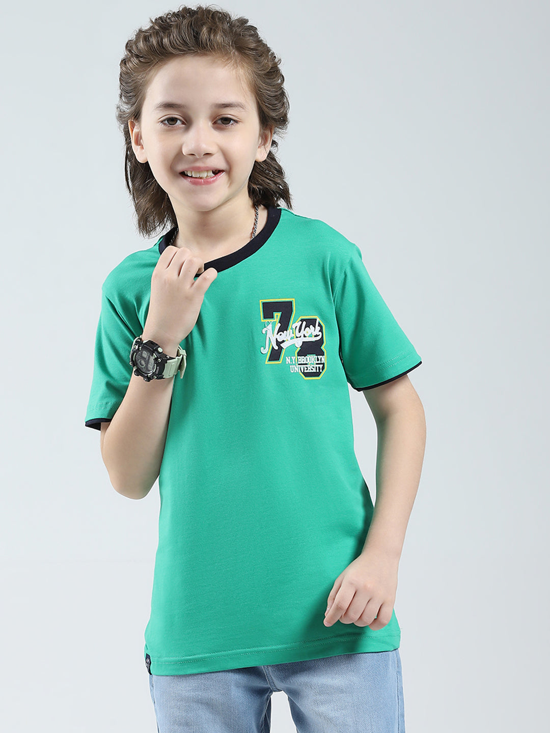 Boys Green Solid Round Neck Half Sleeve T-Shirt