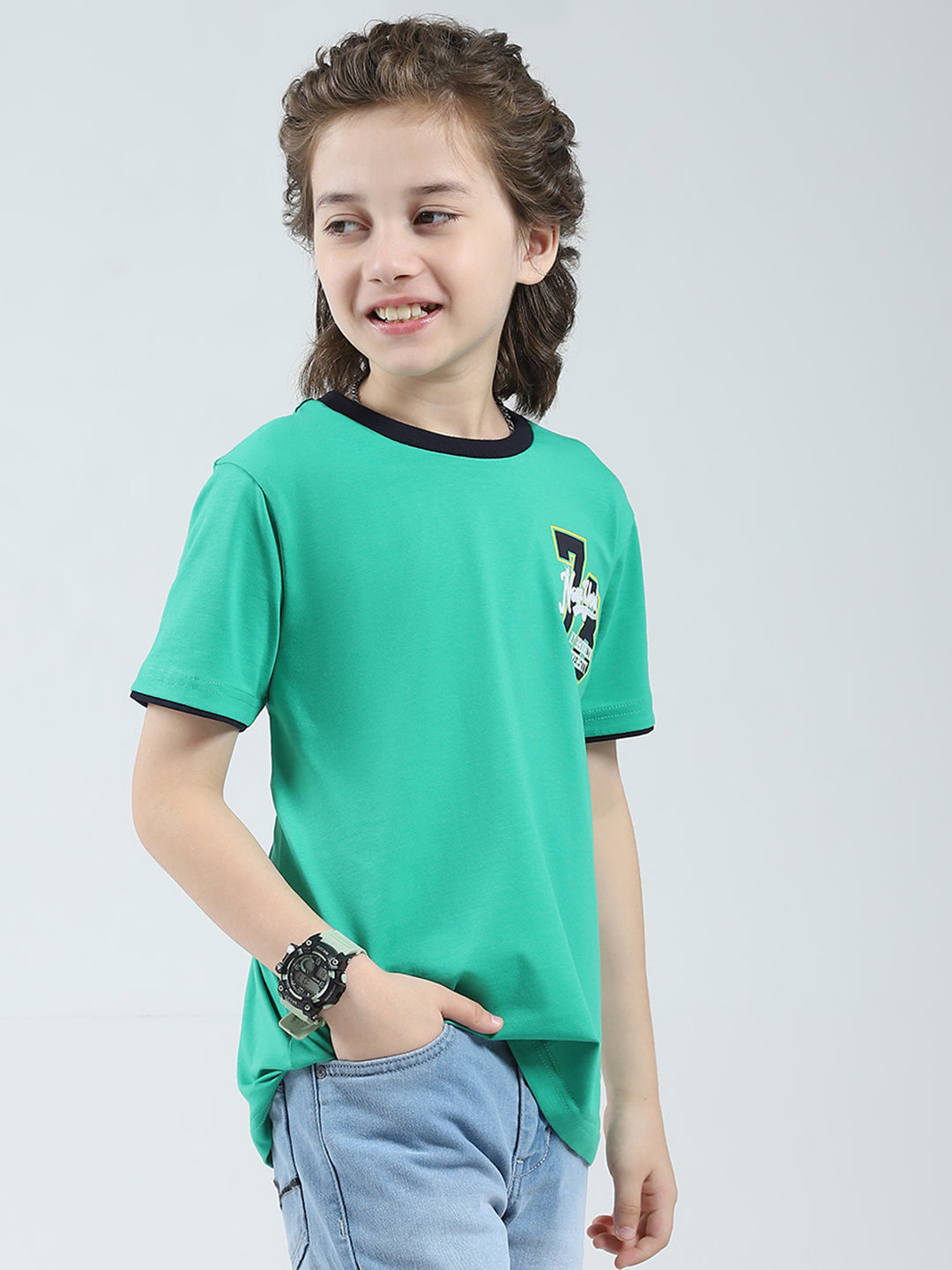 Boys Green Solid Round Neck Half Sleeve T-Shirt