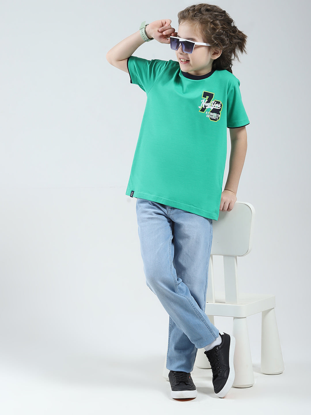 Boys Green Solid Round Neck Half Sleeve T-Shirt
