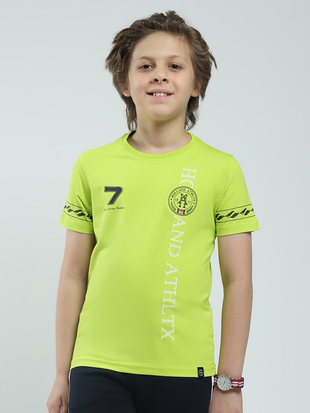 Boys Green Printed Round Neck Half Sleeve T-Shirt