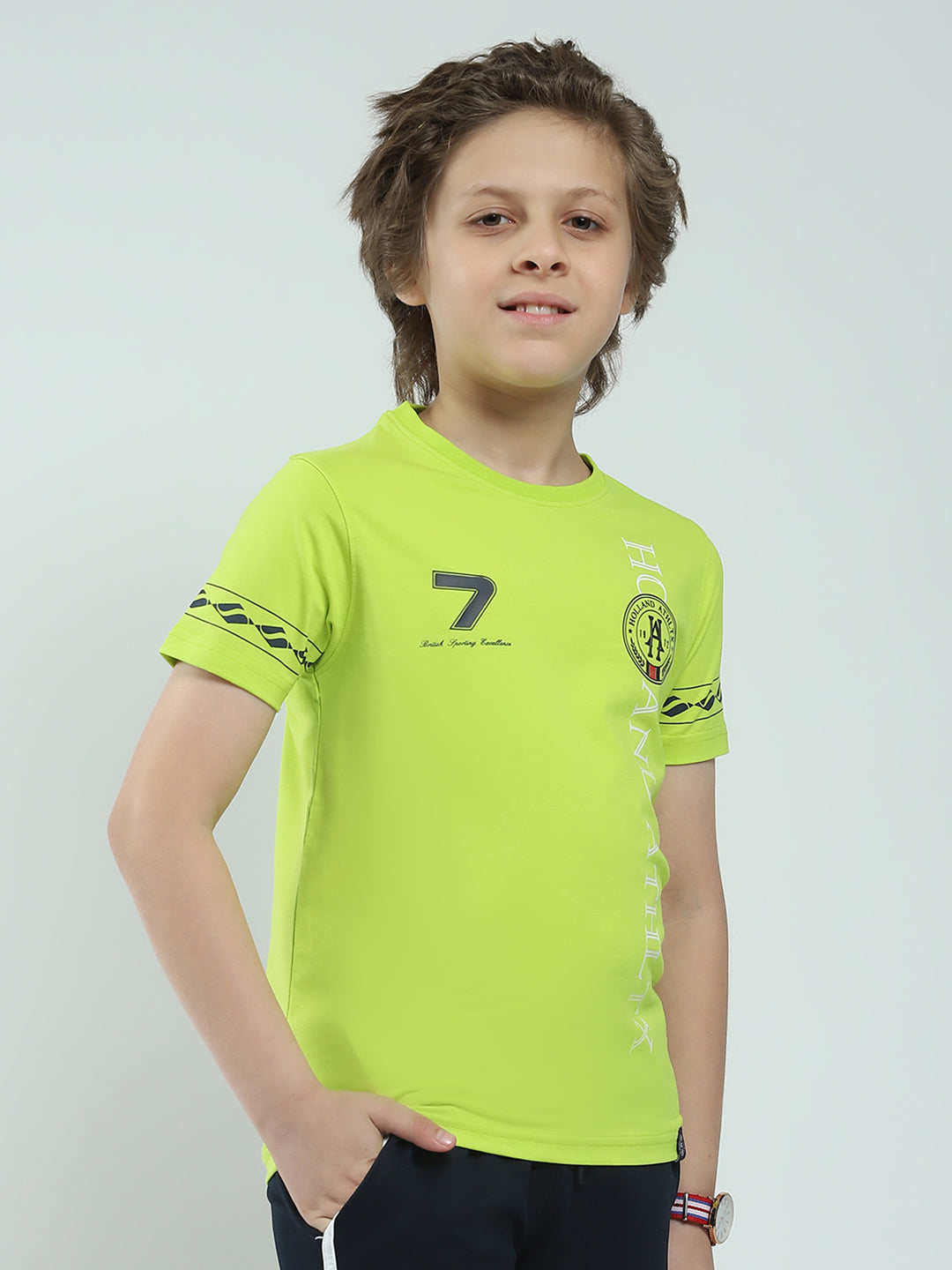 Boys Green Printed Round Neck Half Sleeve T-Shirt