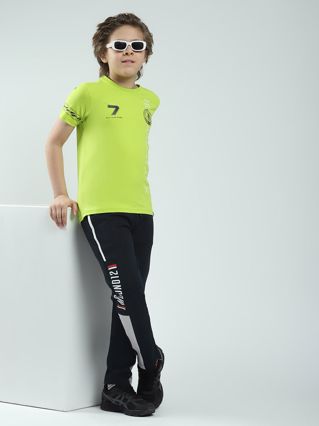 Boys Green Printed Round Neck Half Sleeve T-Shirt